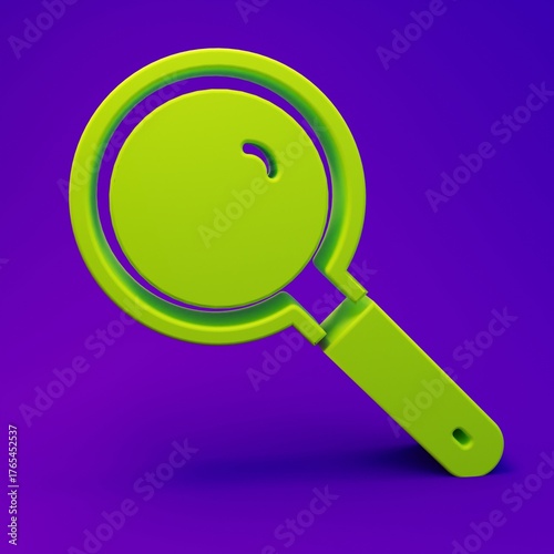 Green Magnifying glass icon isolated on purple-blue background. Search, focus, zoom, business symbol. Minimalism concept. 3D render illustration