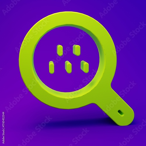 Green Magnifying glass and taxi car icon isolated on purple-blue background. Taxi search. Minimalism concept. 3D render illustration