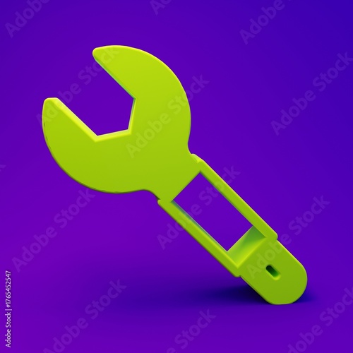 Green Wrench spanner icon isolated on purple-blue background. Spanner repair tool. Service tool symbol. Minimalism concept. 3D render illustration