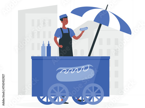 A cartoon businessman with an umbrella and briefcase walks toward success, symbolizing business concept and work