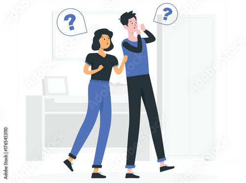 Confused Couple Looking Up with Question Marks Above Their Heads Keywords: couple, confused, questioning, wondering, uncertain, doubt, surprise, shock, dilemma, problem, mystery, search, seeking
