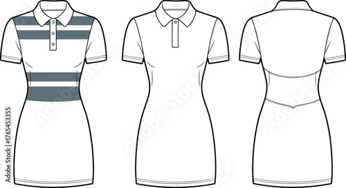 Women polo dress flat sketch, short sleeve shirt dress fashion template, front and back view, CAD drawing flat vector illustration