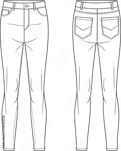 High waist skinny jeans flat sketch, denim pants fashion template, front and back view, detailed apparel design, CAD drawing flat vector illustration