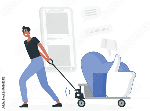 Man pulling a large social media like button and thumb up icon on a cart marketing online