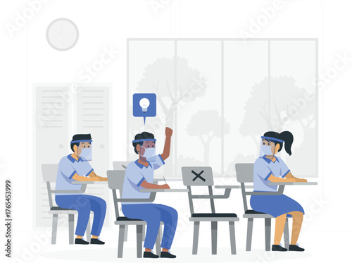 Students wearing face shields and masks in a classroom with social distancing education learning