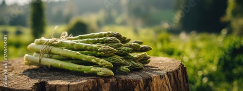 Bunch of freshly harvested green asparagus tied with twine on a garden stump