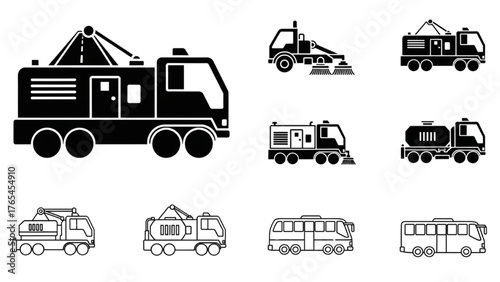 Set of black and white icons representing various types of vehicles and machines