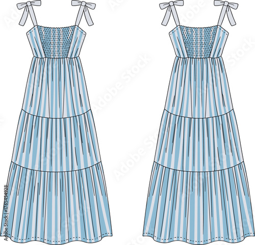 Smocked tiered maxi dress flat sketch, bow strap sundress design, fashion template front and back view, CAD drawing flat vector illustration