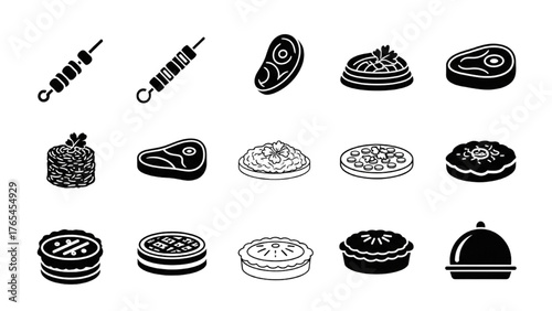 Delicious food icons grilled meat, kebabs, savory pies, and prepared meals for cooking themes and menu designs