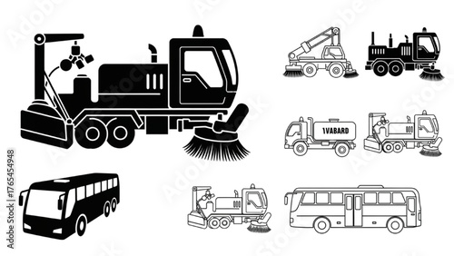 Collection of municipal service vehicles and public transport bus icons in a solid black and white style