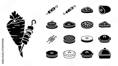 Variety of Skewered Meat, Steaks, and Pies Black and White Vector Icons