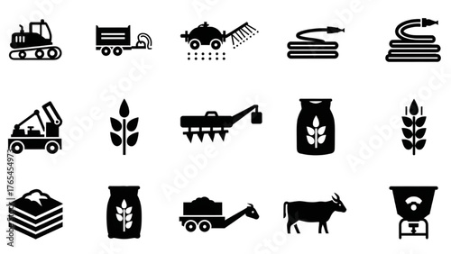 Agricultural Icons Tractor, Equipment, Farming, Seeds, Irrigation, Harvest, and Livestock
