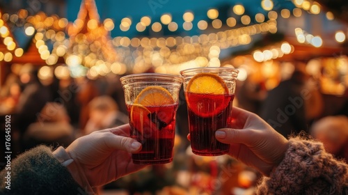 Mulled Wine Toast at a Christmas Market with Festive Bokeh