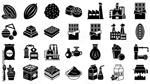 Chocolate production process icons and illustrations for food industry and culinary arts