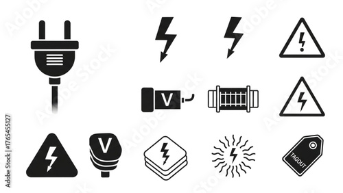 A collection of electricity and power icons, including plugs, lightning bolts, and voltage warning symbols