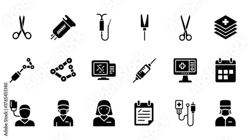 Collection of black silhouette icons representing surgery, medical equipment, and healthcare staff