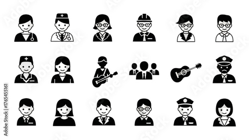 Diverse Professions in Black and White Icon Set