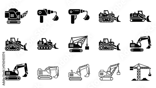 Black and White Construction Vehicle Icon Set