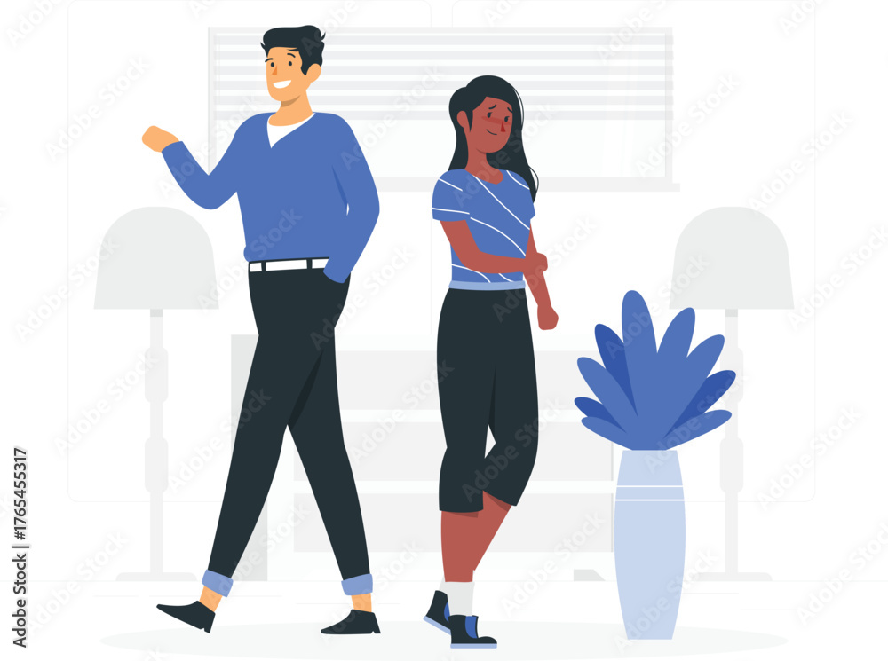 Obraz premium Man and woman standing in a room with lamps and a plant, appearing distant from each other Keywords: couple, man, woman, relationship, distance, separation, disagreement, awkwardness, indoor, room