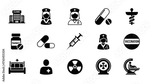 Medical healthcare icons set with clinic, nurse, pills, syringe, and diagnostic equipment