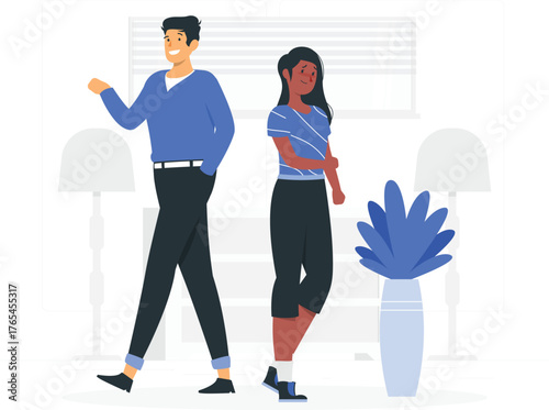 Man and woman standing in a room with lamps and a plant, appearing distant from each other Keywords: couple, man, woman, relationship, distance, separation, disagreement, awkwardness, indoor, room