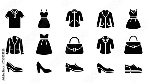 A versatile set of black glyph icons depicting various fashion apparel, shoes, and accessories