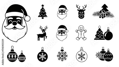 Christmas Icons Set Santa Claus, Reindeer, Christmas Tree, Snowflakes, Ornaments