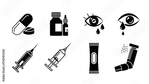 Medical Icons Pill, Dropper, Eye, Syringe, Inhaler, and Medication Symbols