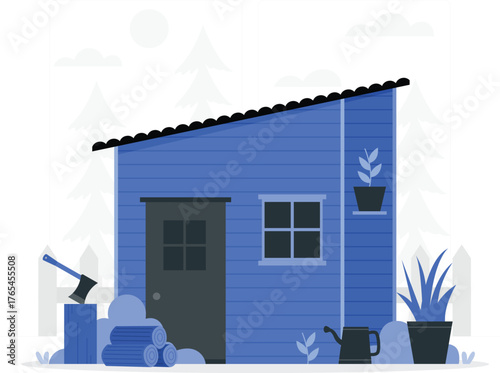 Blue Garden Shed with Tools and Plants outbuilding storage