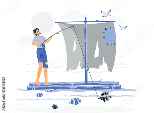 Person stranded on a raft fishing in the ocean with torn sail and seagulls flying Keywords: stranded, raft, ocean, fishing, torn sail, shipwreck, survival, isolation, journey, sea, water, boat