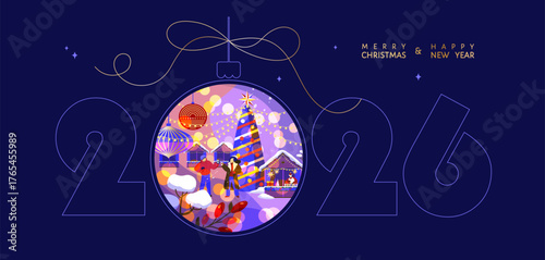 Merry Christmas and Happy New Year 2026 greeting banner with a decor ball and Christmas market illustration in it. Cozy vector of winter city fair square, sparkling Christmas tree, kiosks, people