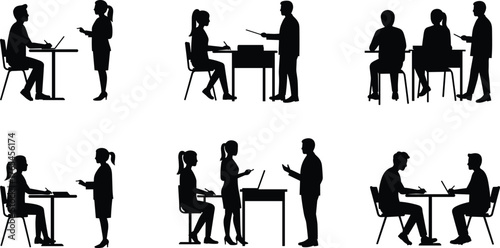 Silhouette business meeting, interview scene, professional discussion, seated interaction, workplace communication, consultation, teamwork, evaluation, corporate talk, office 