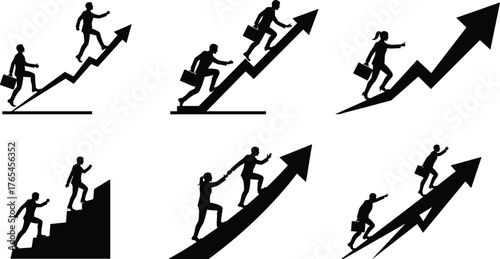 Silhouette business people climbing arrows, career growth, teamwork success, leadership path, ambition, motivation, progress, development, upward mobility, achievement