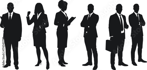 Silhouette business professionals, formal attire, confident posture, teamwork stance, corporate identity, leadership presence, office style, career image, business team