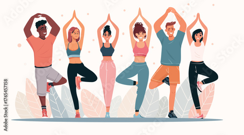 Group yoga class fitness people practicing tree pose diverse young adults activewear nature background wellness exercise concept website banner