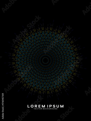 Music poster design background. Electro Sound Cover Template with dynamic abstract gradient circular geometric line shapes for t-shirt screen printing, technology, digital, party, festival and club.