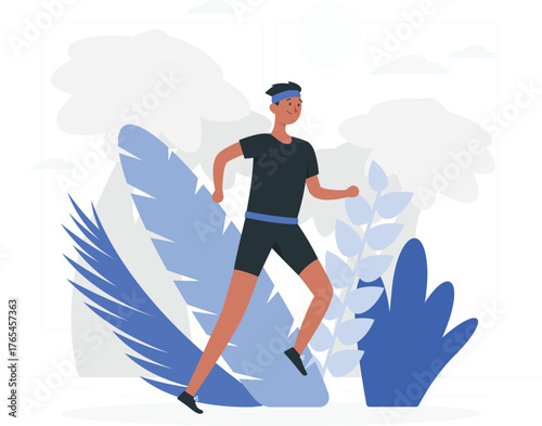Man Running in Nature with Large Blue Leaves wild