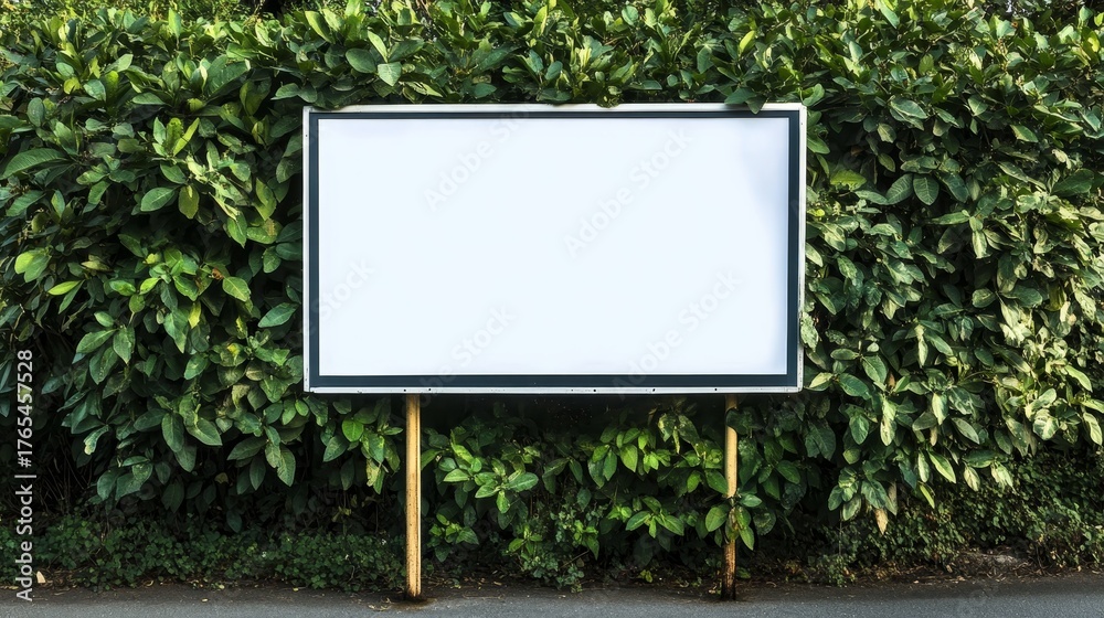 Fototapeta premium A Blank White Sign Surrounded by Lush Greenery Ready for Advertisements on a Bright Sunny Day