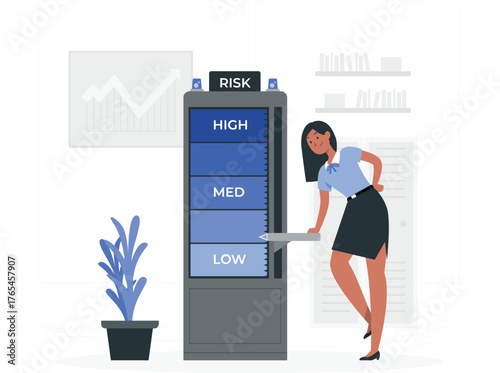 Woman assessing risk levels on a display with high medium and low options Keywords: woman, risk, assessment, management, decision, making, strategy, business, finance, investment, analysis, data