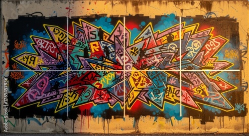Vibrant Abstract Graffiti Art on Textured Wall - Colorful Geometric Shapes and Urban Street Style Design for Creative Backgrounds and Artistic Concepts