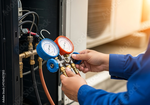 Technician's hands adjust red and blue manifold gauges while servicing an air conditioning unit.