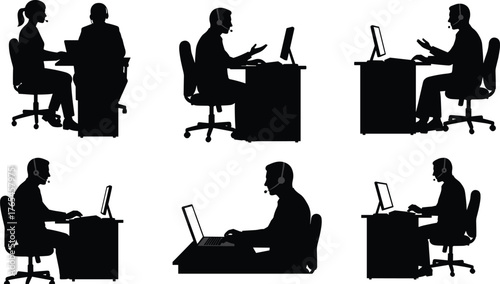 Silhouette customer service workers, headset communication, office desk scene, remote support, call center team, tech help, business interaction, workplace