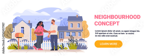 Neighbourhood concept people shaking hands friendly community suburban houses picket fence greenery outdoor scene website banner
