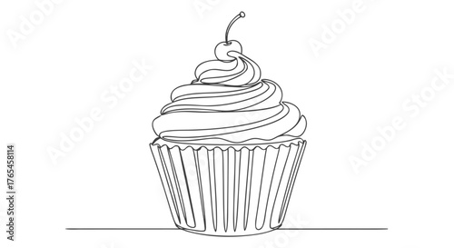Delicious cupcake drawn with one continuous line art, a sweet treat illustration, perfect for bakery branding and dessert menus with minimal aesthetic