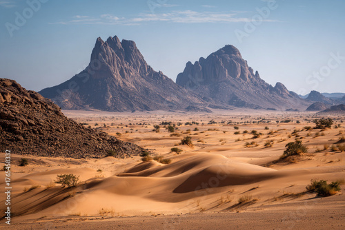 Fototapeta Naklejka Na Ścianę i Meble -  Desert landscape, sand dunes and rocky mountains sunset. Dramatic view sahara. Red Mars like landscape. beautiful rock formations. Orange red sand desert, rocky formations and mountains background.