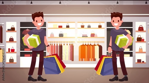 Animated men shopping for clothes in boutique, fashion and retail lifestyle concept for modern men and style