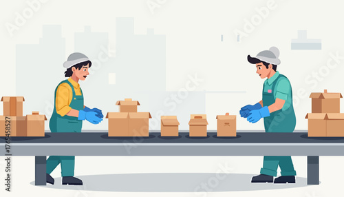 Factory Workers Packaging Products on Conveyor Belt