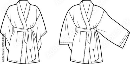 Kimono robe technical fashion sketch, bathrobe garment flat template, vector clothing illustration, sewing pattern design for apparel production and CAD