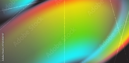 Vintage prism light leak with film scratch texture. Abstract vector background with colorful gradient glow and retro lens flare effect for nostalgic or creative photo overlay design.