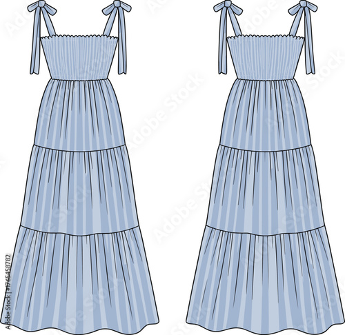 Sleeveless maxi dress fashion flat sketch, tiered ruffle dress design, bow strap sundress template, front and back view, CAD drawing flat vector illustration